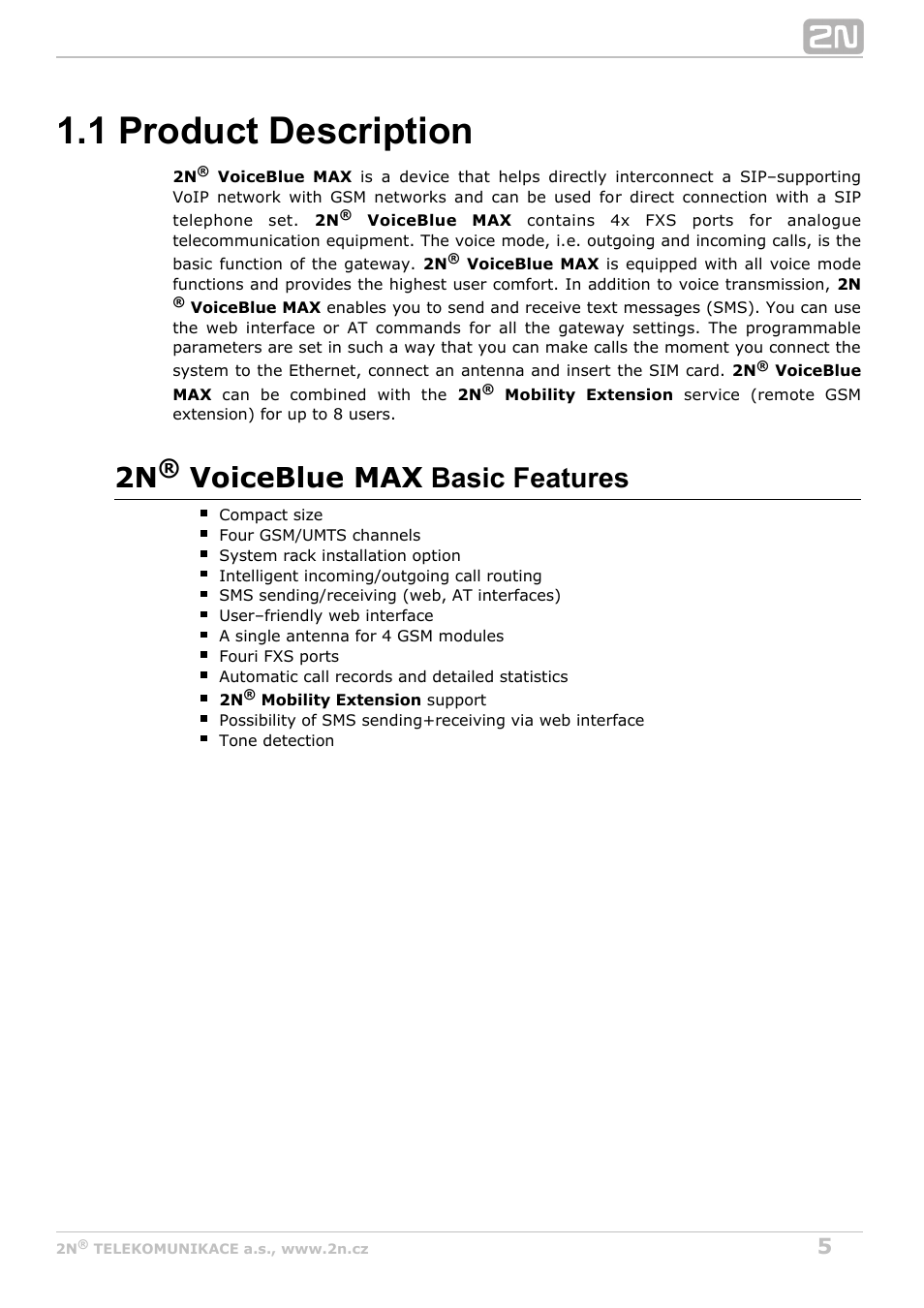 1 product description, 2n voiceblue max, Basic features | 2N VoiceBlue MAX v1.1 User Manual | Page 5 / 104