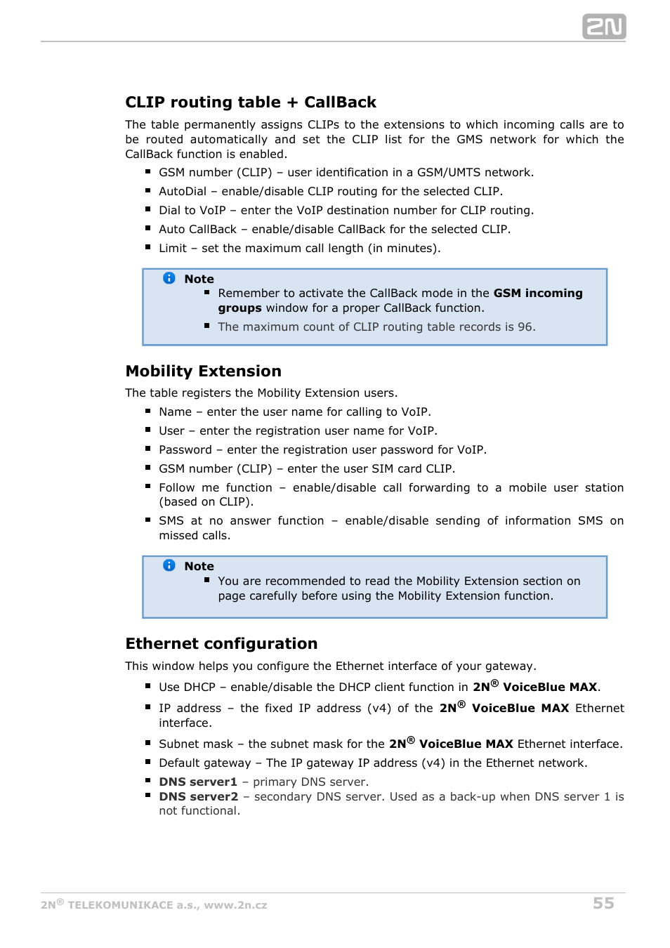 Clip routing table + callback, Mobility extension, Ethernet configuration | 2N VoiceBlue MAX v1.1 User Manual | Page 55 / 104