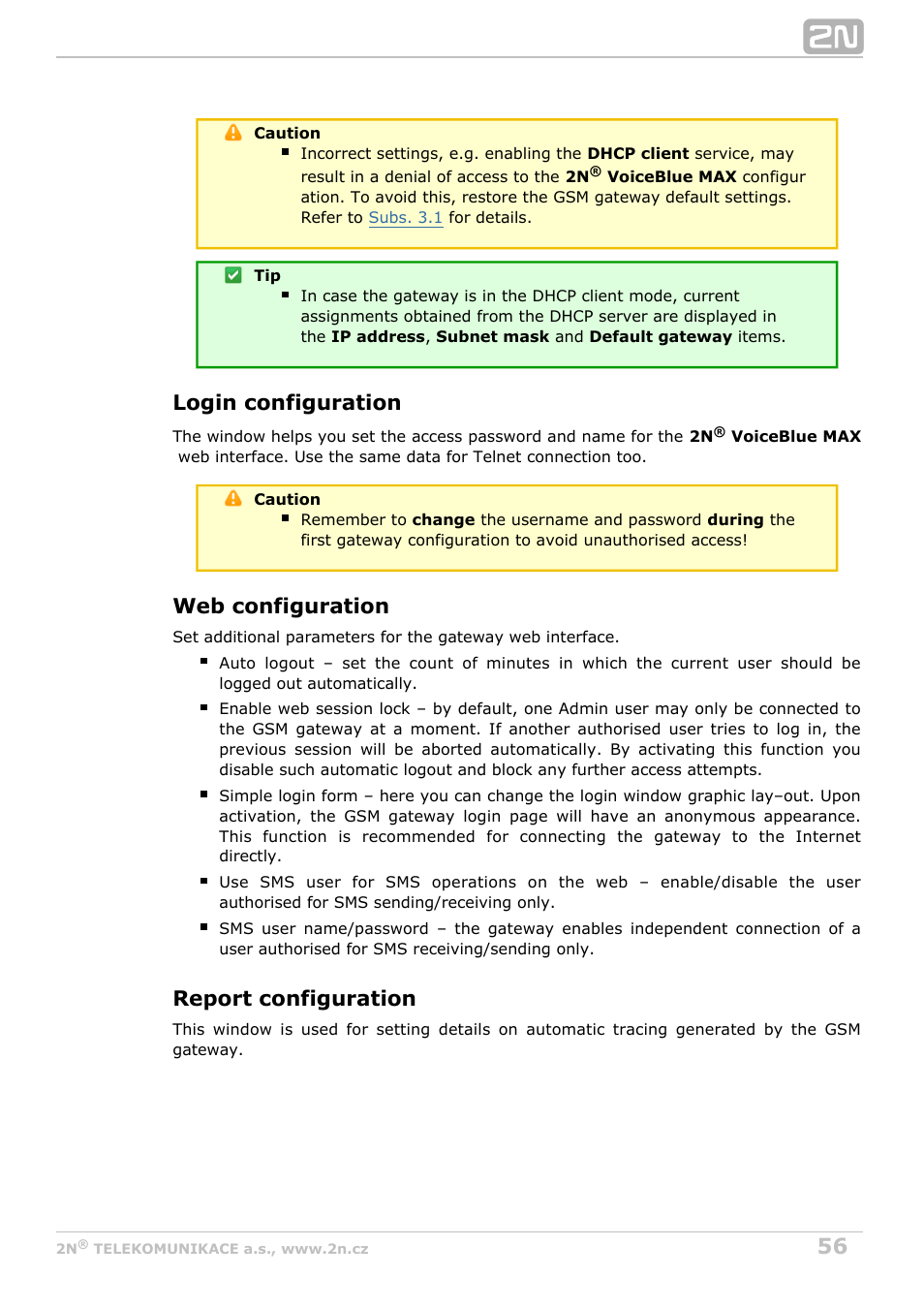 Login configuration, Web configuration, Report configuration | 2N VoiceBlue MAX v1.1 User Manual | Page 56 / 104