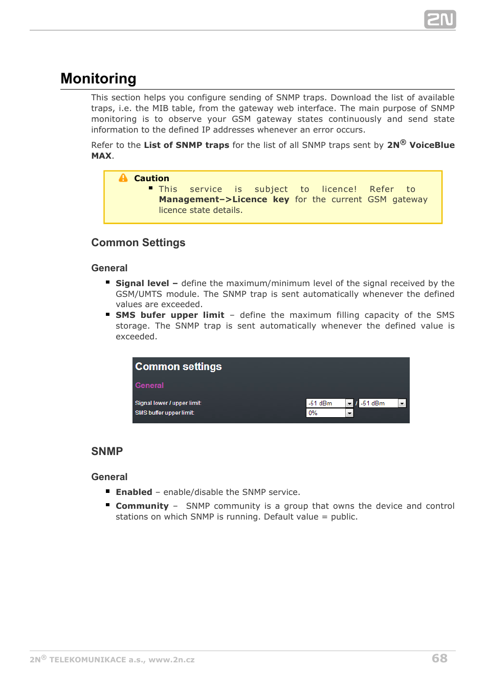 Monitoring, Common settings, Snmp | 2N VoiceBlue MAX v1.1 User Manual | Page 68 / 104