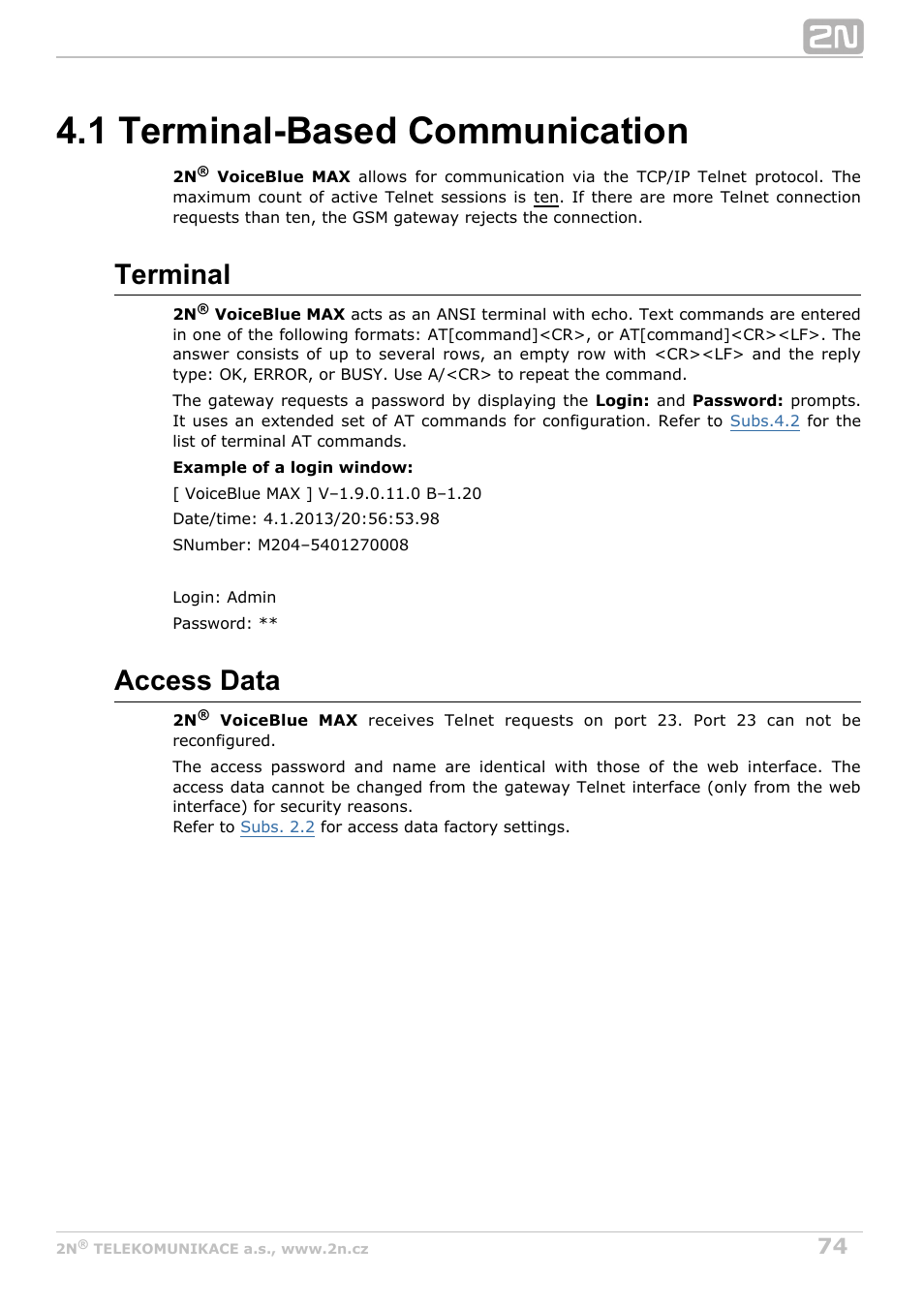 1 terminal-based communication, Terminal, Access data | 2N VoiceBlue MAX v1.1 User Manual | Page 74 / 104