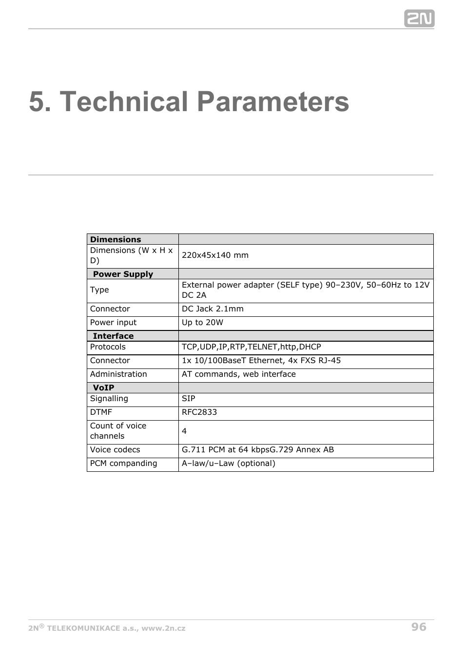 Technical parameters | 2N VoiceBlue MAX v1.1 User Manual | Page 96 / 104