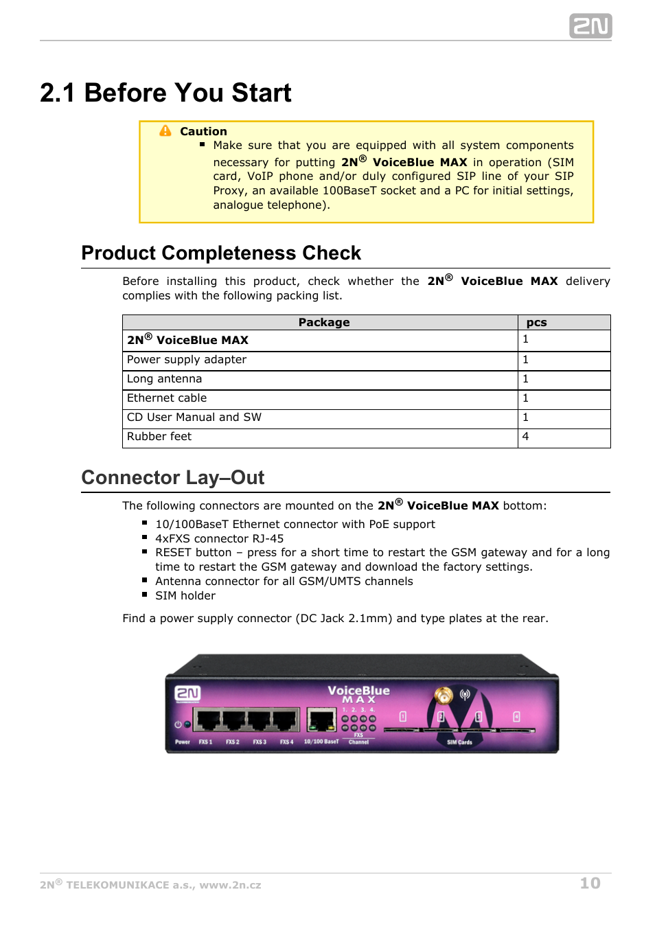 1 before you start, Product completeness check, Connector lay–out | 2N VoiceBlue MAX v1.0 User Manual | Page 10 / 89