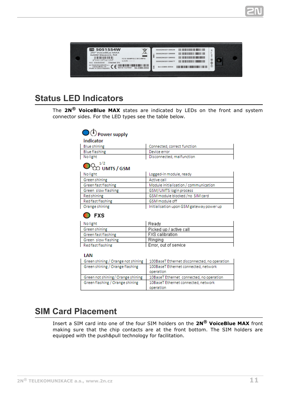 Status led indicators, Sim card placement | 2N VoiceBlue MAX v1.0 User Manual | Page 11 / 89