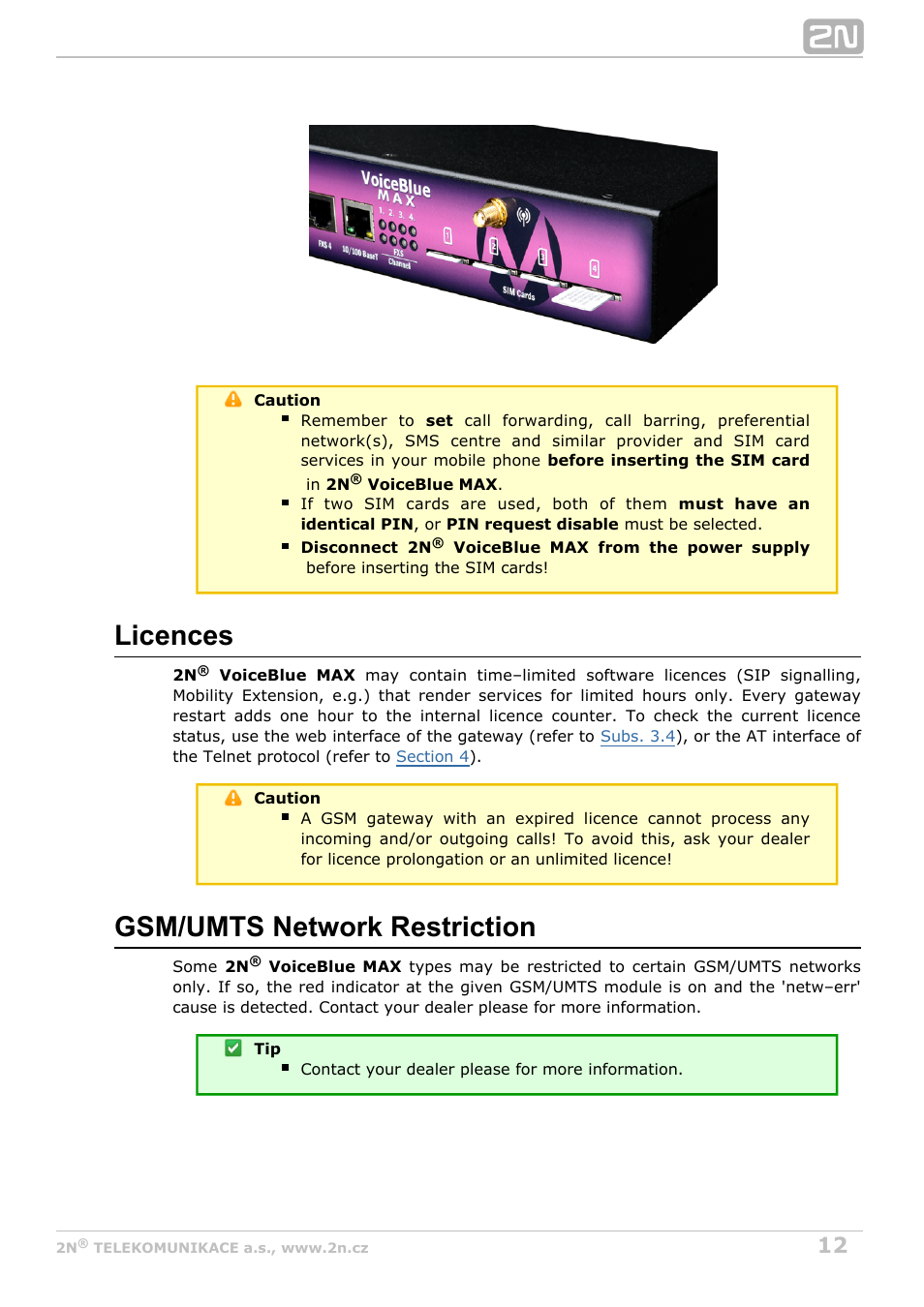 Licences, Gsm/umts network restriction | 2N VoiceBlue MAX v1.0 User Manual | Page 12 / 89