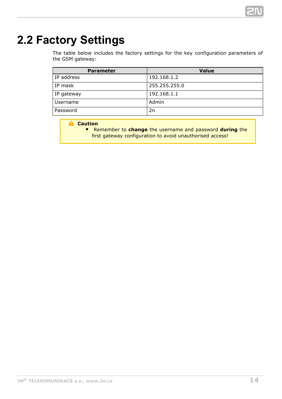 2 factory settings | 2N VoiceBlue MAX v1.0 User Manual | Page 14 / 89