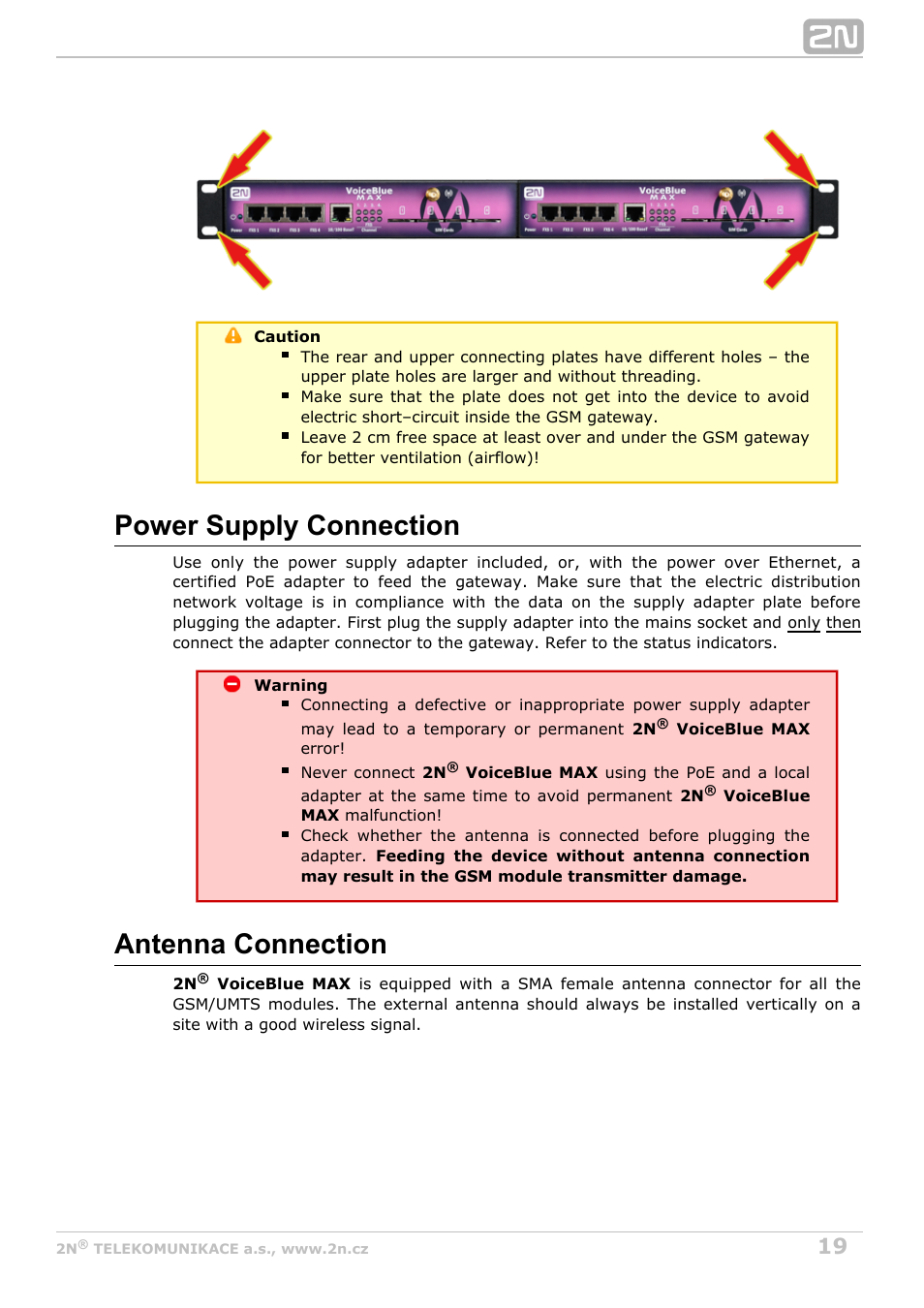 Power supply connection, Antenna connection | 2N VoiceBlue MAX v1.0 User Manual | Page 19 / 89