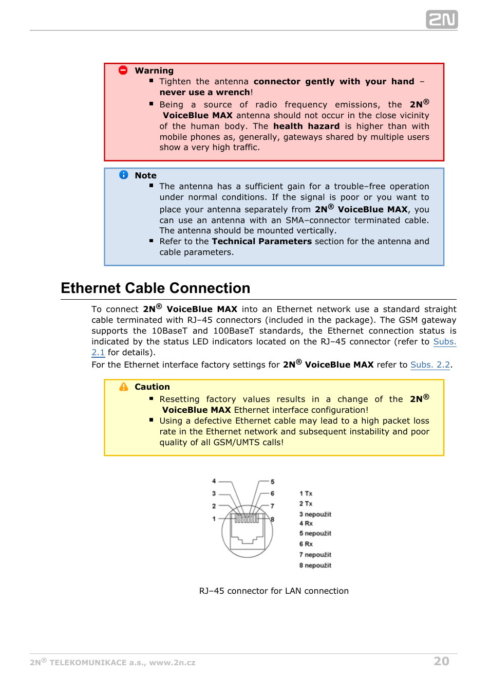 Ethernet cable connection | 2N VoiceBlue MAX v1.0 User Manual | Page 20 / 89