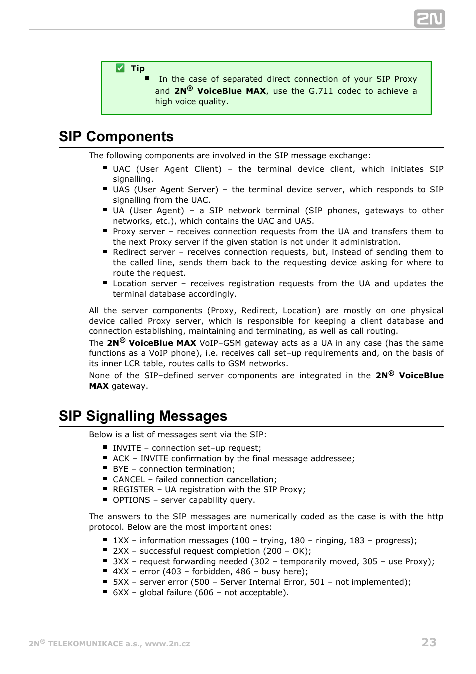 Sip components, Sip signalling messages | 2N VoiceBlue MAX v1.0 User Manual | Page 23 / 89