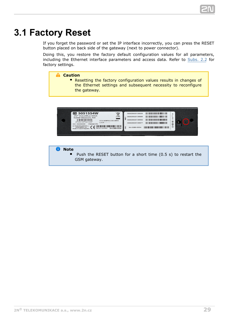 1 factory reset | 2N VoiceBlue MAX v1.0 User Manual | Page 29 / 89