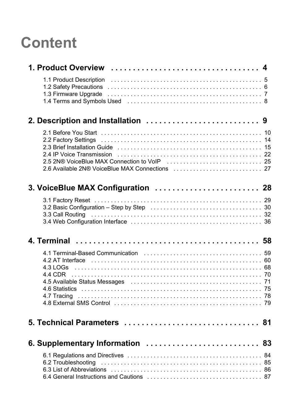 Content, Product overview, Description and installation | Voiceblue max configuration, Terminal, Technical parameters 6. supplementary information | 2N VoiceBlue MAX v1.0 User Manual | Page 3 / 89