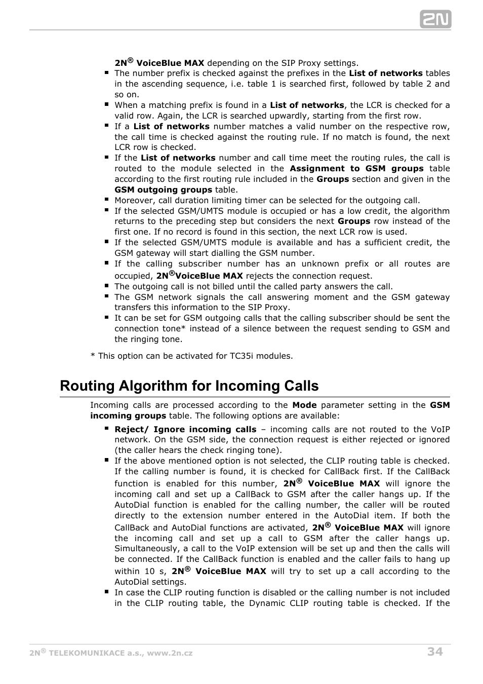 Routing algorithm for incoming calls | 2N VoiceBlue MAX v1.0 User Manual | Page 34 / 89