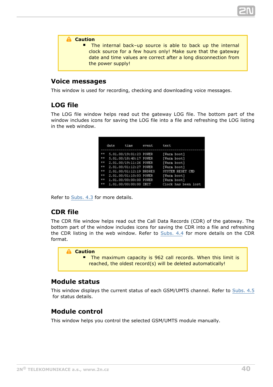 Voice messages, Log file, Cdr file | Module status, Module control | 2N VoiceBlue MAX v1.0 User Manual | Page 40 / 89