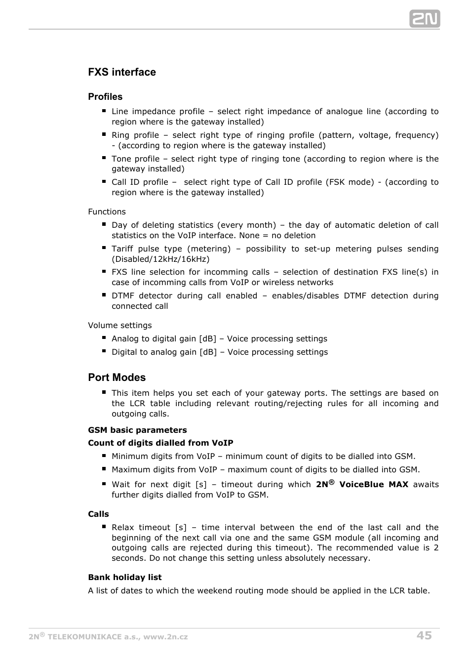 Fxs interface, Port modes | 2N VoiceBlue MAX v1.0 User Manual | Page 45 / 89