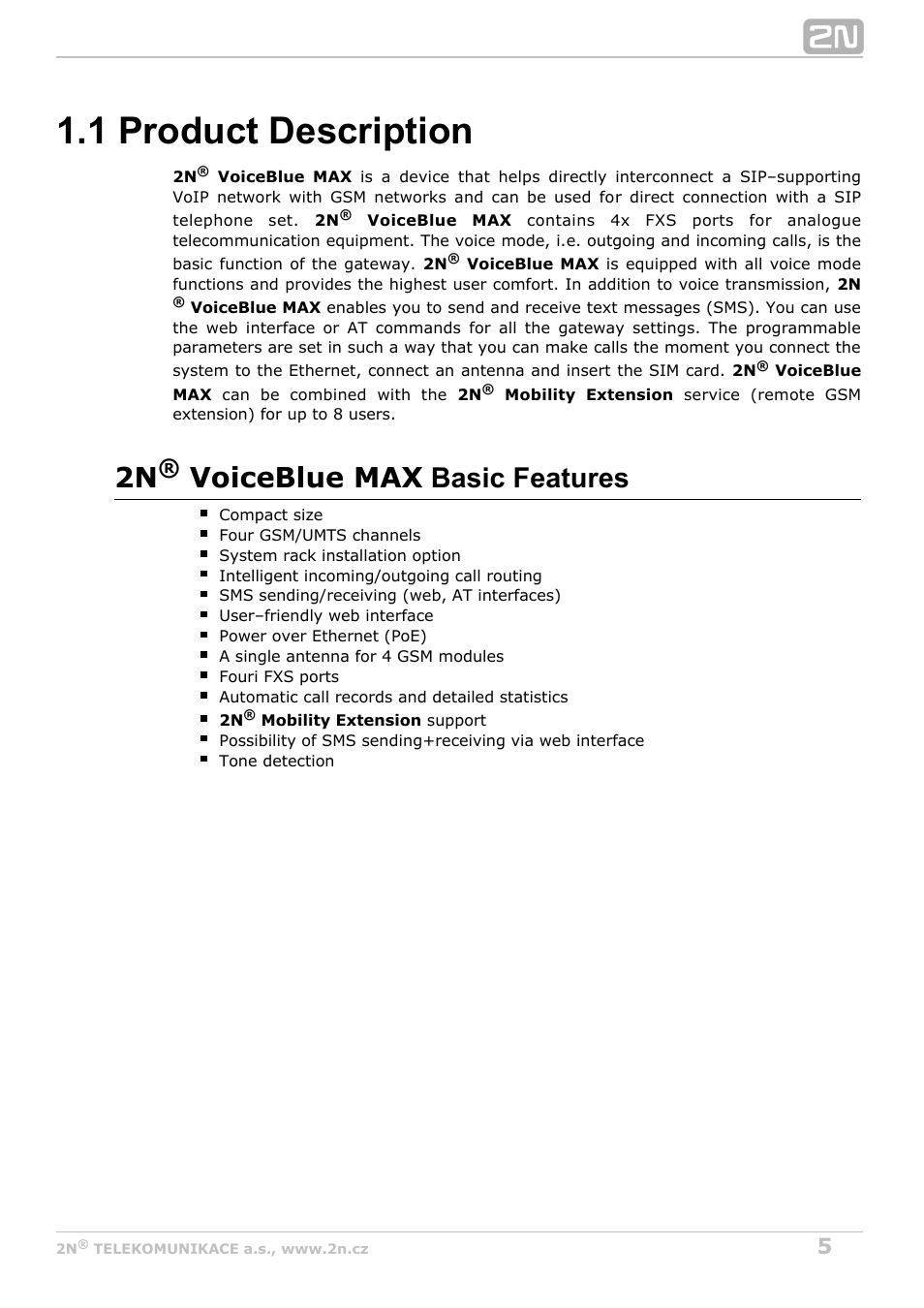 1 product description, 2n voiceblue max, Basic features | 2N VoiceBlue MAX v1.0 User Manual | Page 5 / 89