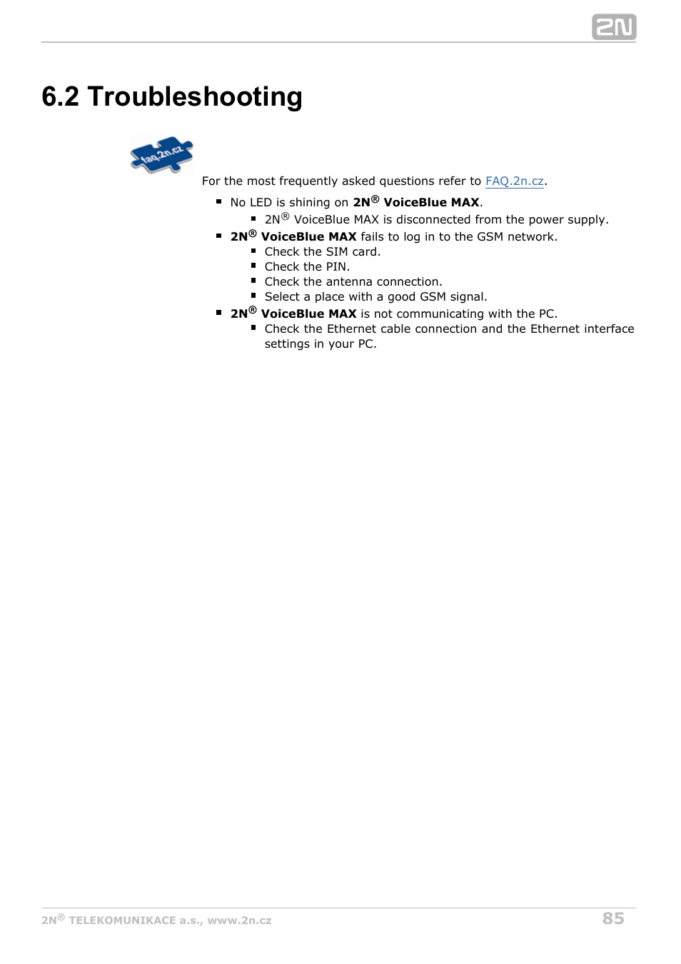 2 troubleshooting | 2N VoiceBlue MAX v1.0 User Manual | Page 85 / 89