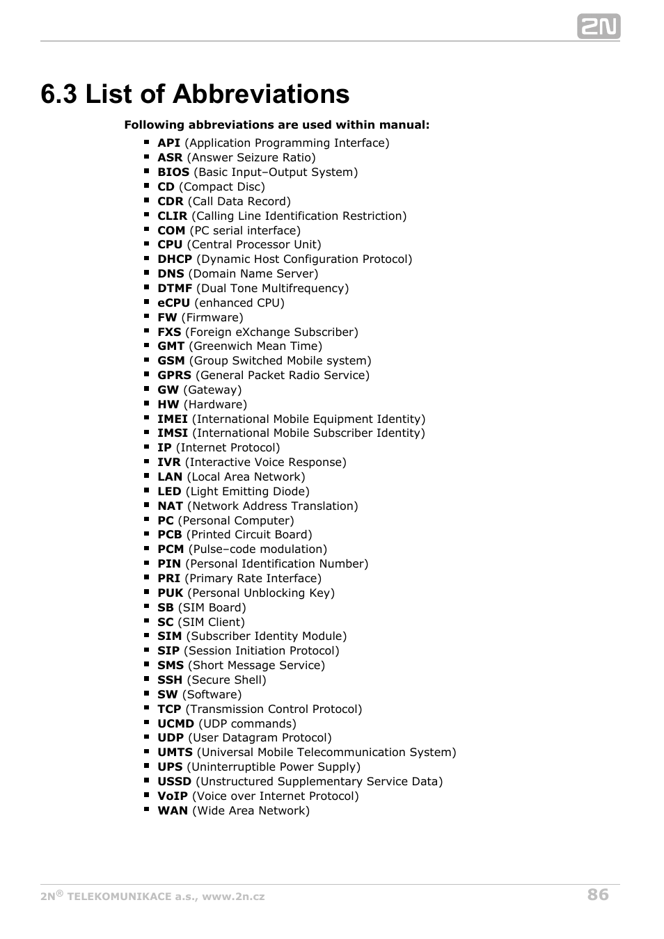 3 list of abbreviations | 2N VoiceBlue MAX v1.0 User Manual | Page 86 / 89