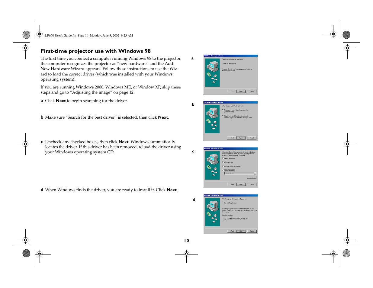 First-time projector use with windows 98 | InFocus LP 650 User Manual | Page 11 / 47