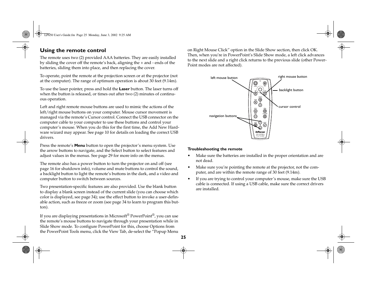Using the remote control | InFocus LP 650 User Manual | Page 26 / 47
