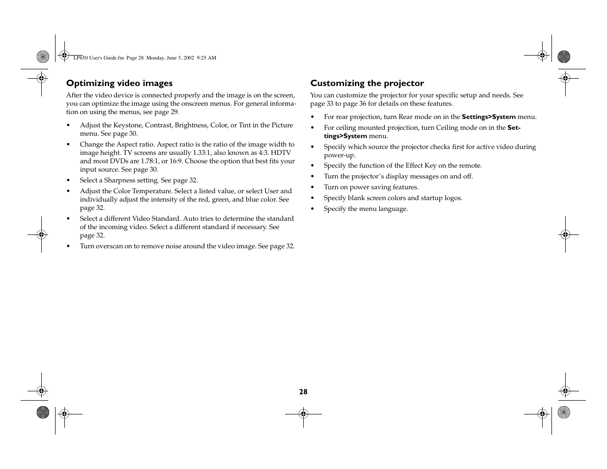 Optimizing video images, Customizing the projector | InFocus LP 650 User Manual | Page 29 / 47