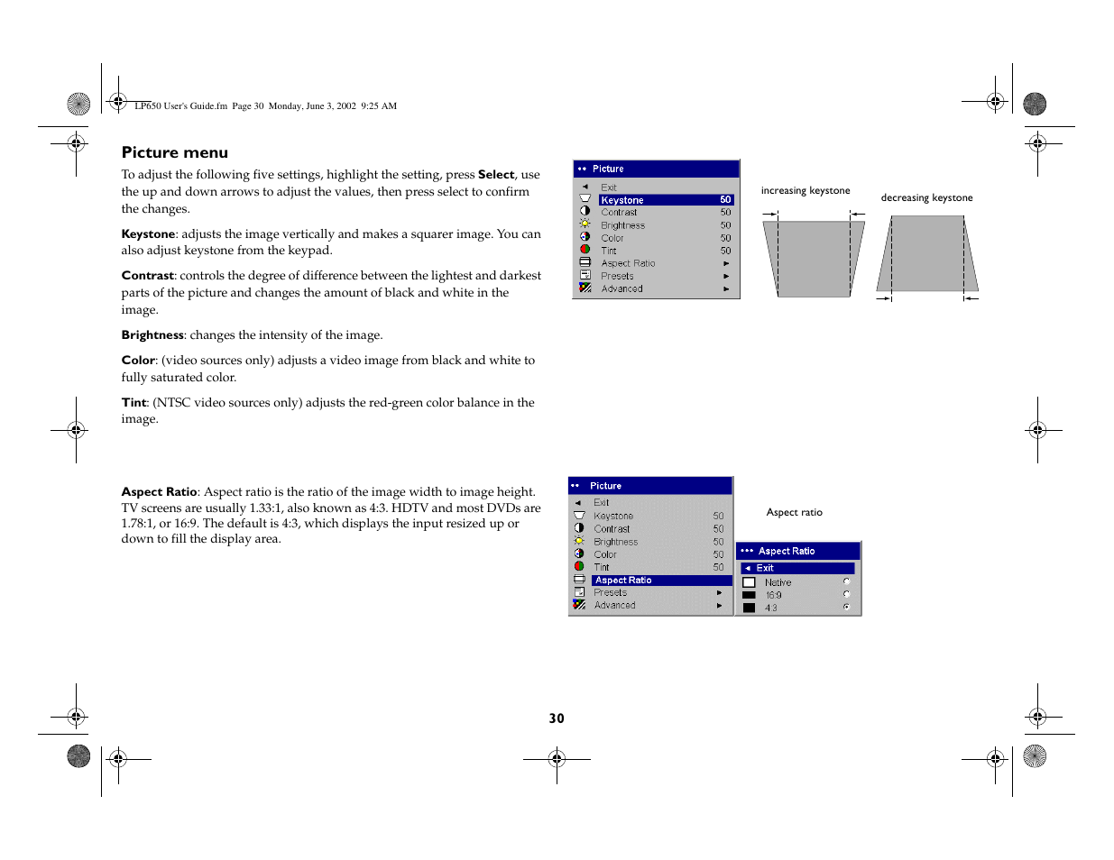 Picture menu | InFocus LP 650 User Manual | Page 31 / 47