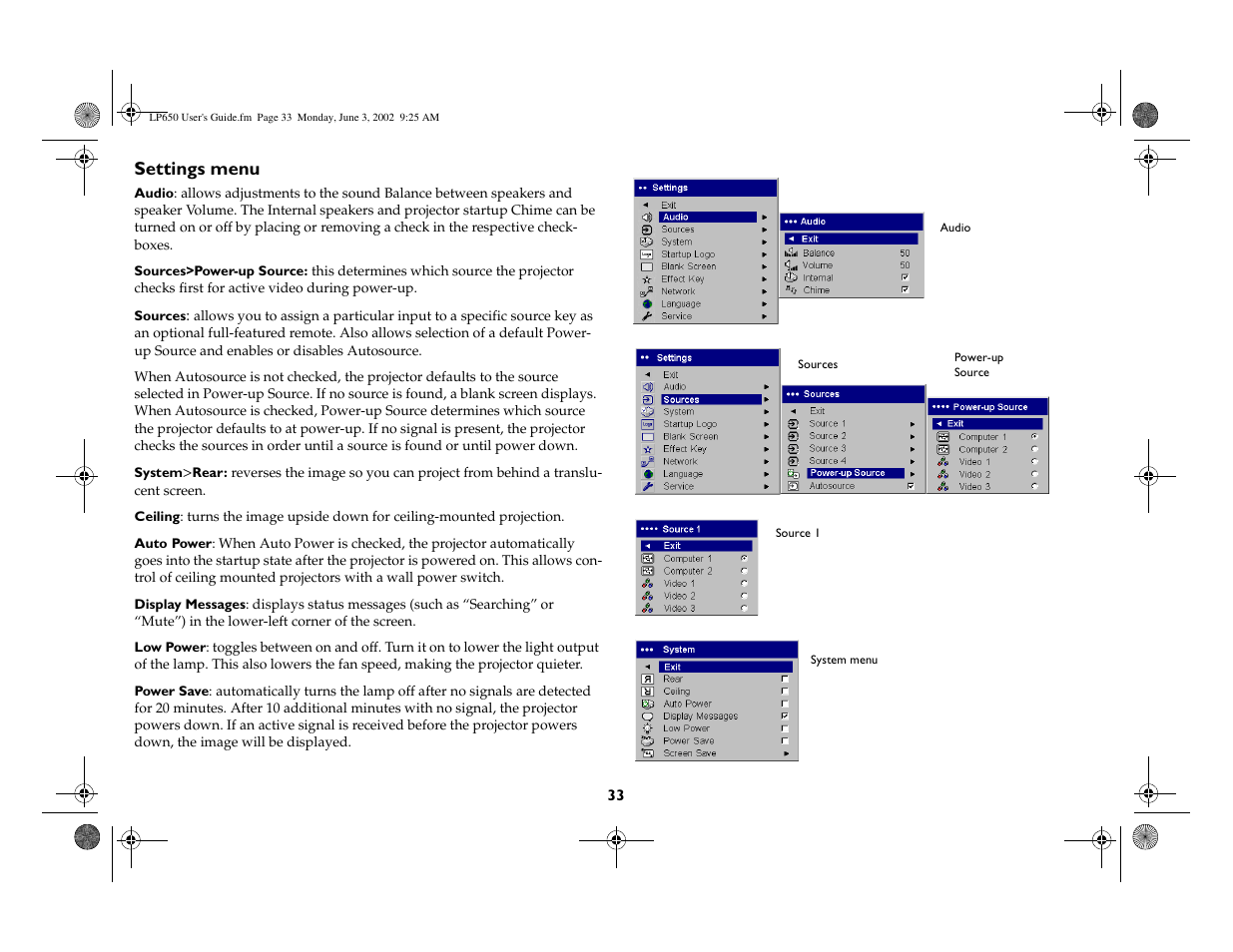 Settings menu | InFocus LP 650 User Manual | Page 34 / 47