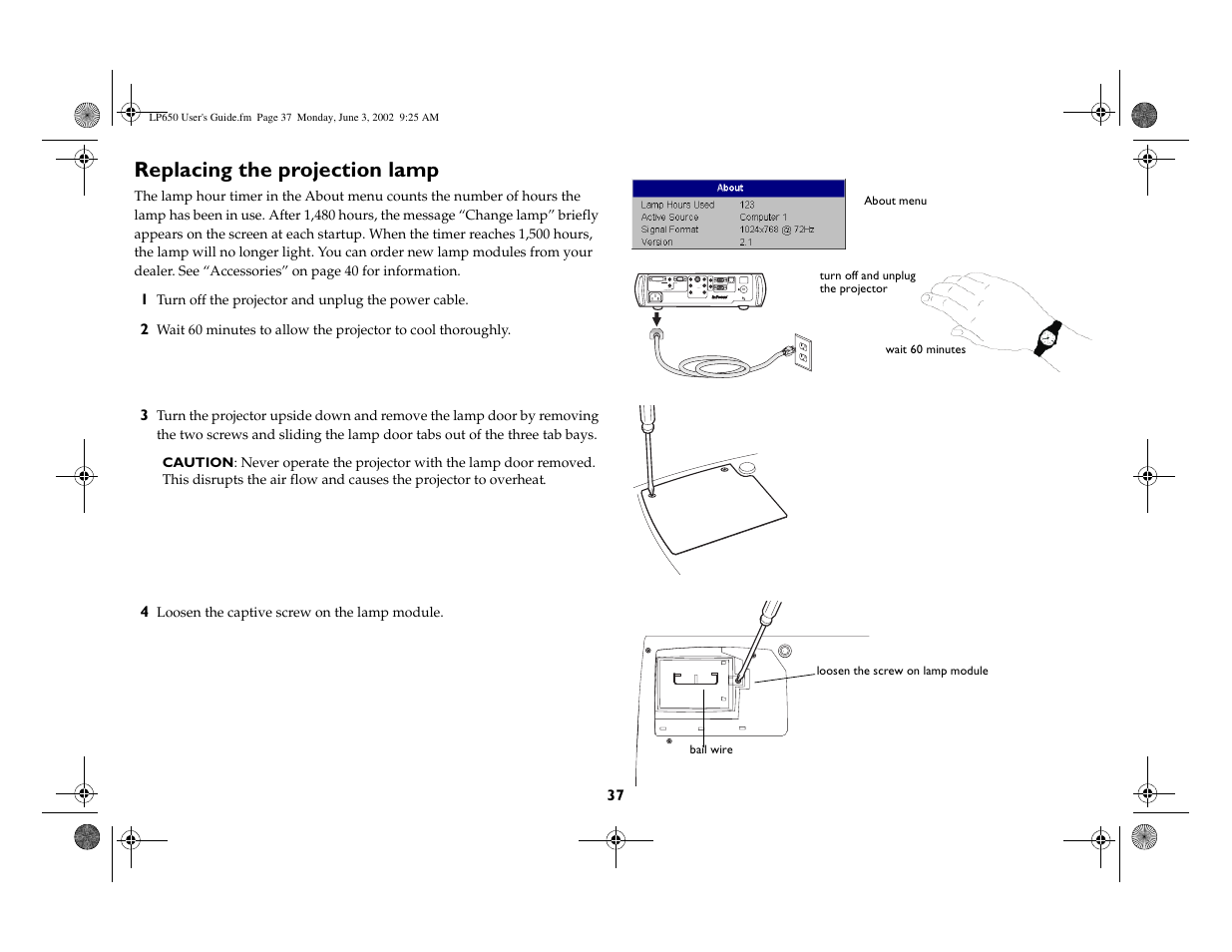 Replacing the projection lamp | InFocus LP 650 User Manual | Page 38 / 47