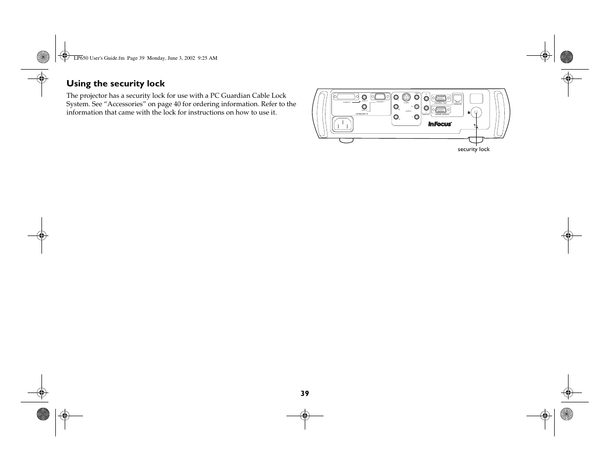 Using the security lock, Security lock | InFocus LP 650 User Manual | Page 40 / 47