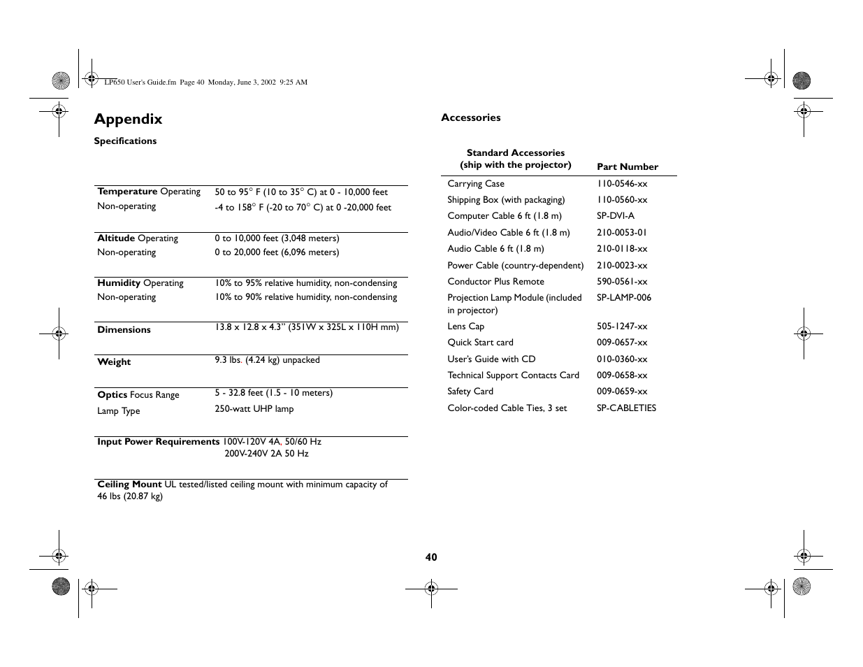 Appendix | InFocus LP 650 User Manual | Page 41 / 47