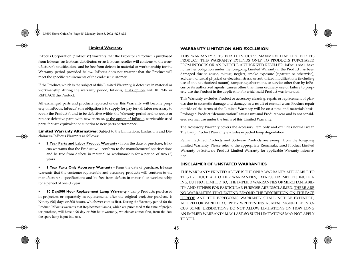 InFocus LP 650 User Manual | Page 46 / 47
