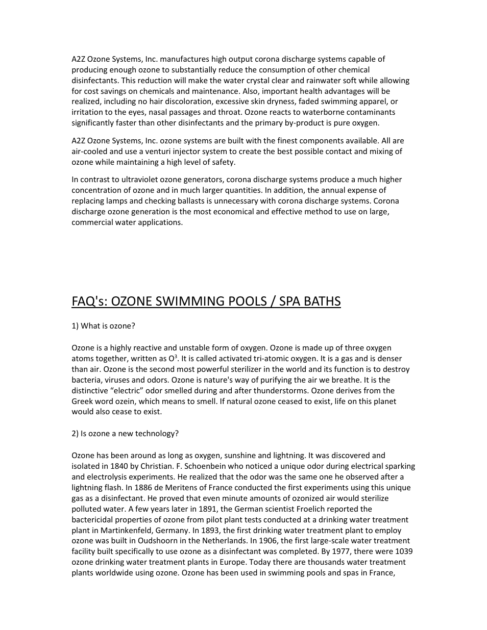 Faq's: ozone swimming pools / spa baths, 1) what is ozone, 2) is ozone a new technology | A2Z Ozone SP - Series User Manual | Page 13 / 20