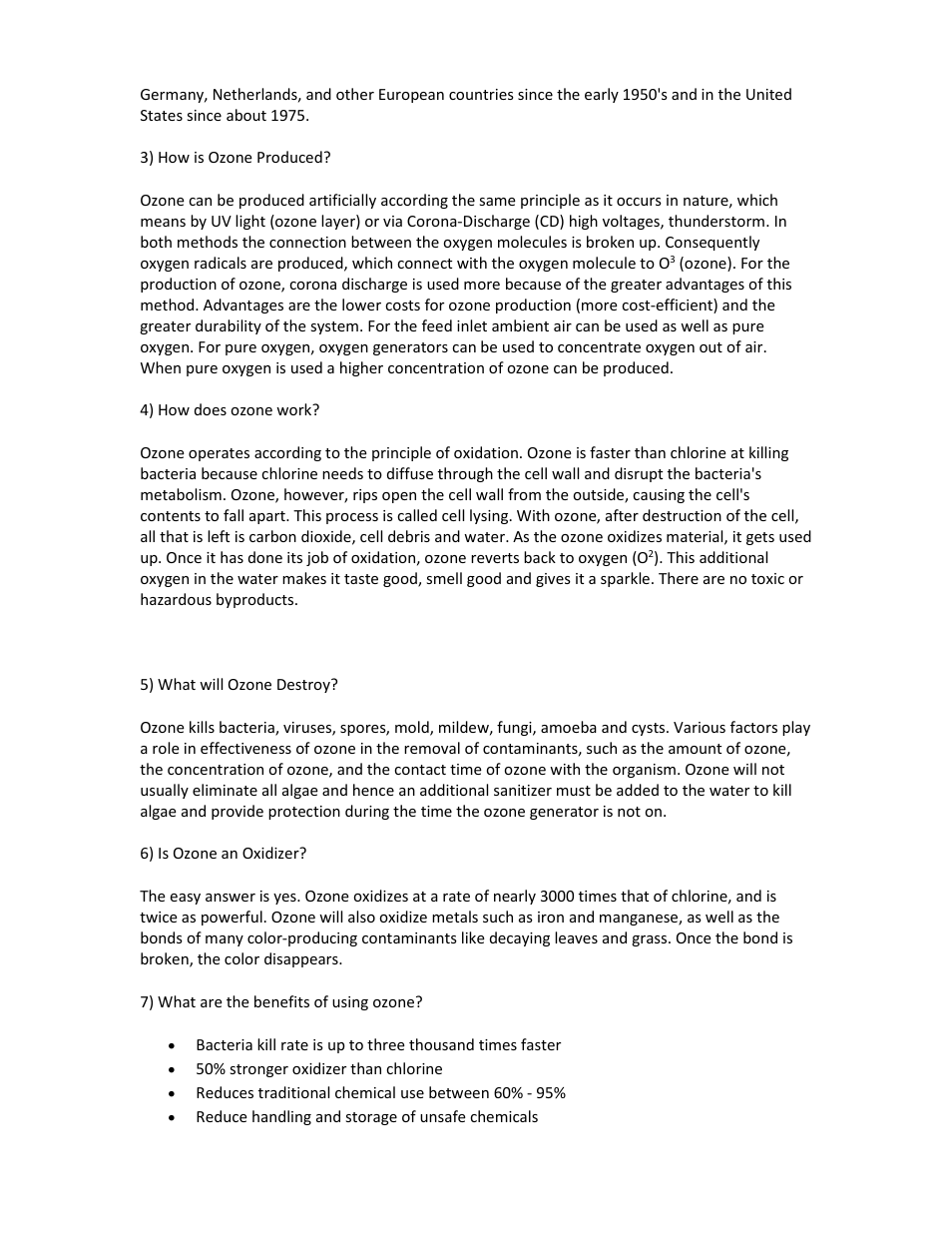 3) how is ozone produced, 4) how does ozone work, 5) what will ozone destroy | 6) is ozone an oxidizer, 7) what are the benefits of using ozone | A2Z Ozone SP - Series User Manual | Page 14 / 20