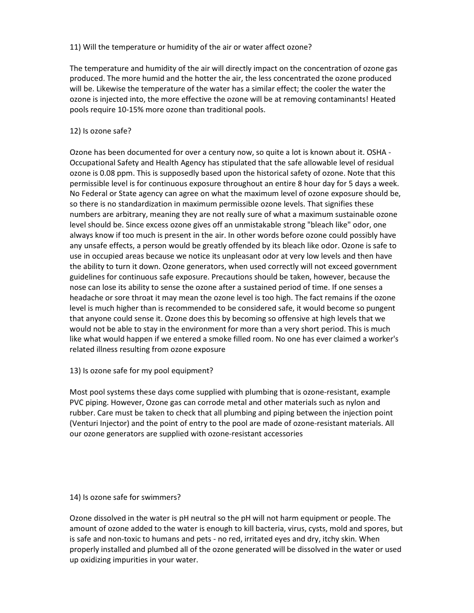 12) is ozone safe, 13) is ozone safe for my pool equipment, 14) is ozone safe for swimmers | A2Z Ozone SP - Series User Manual | Page 16 / 20