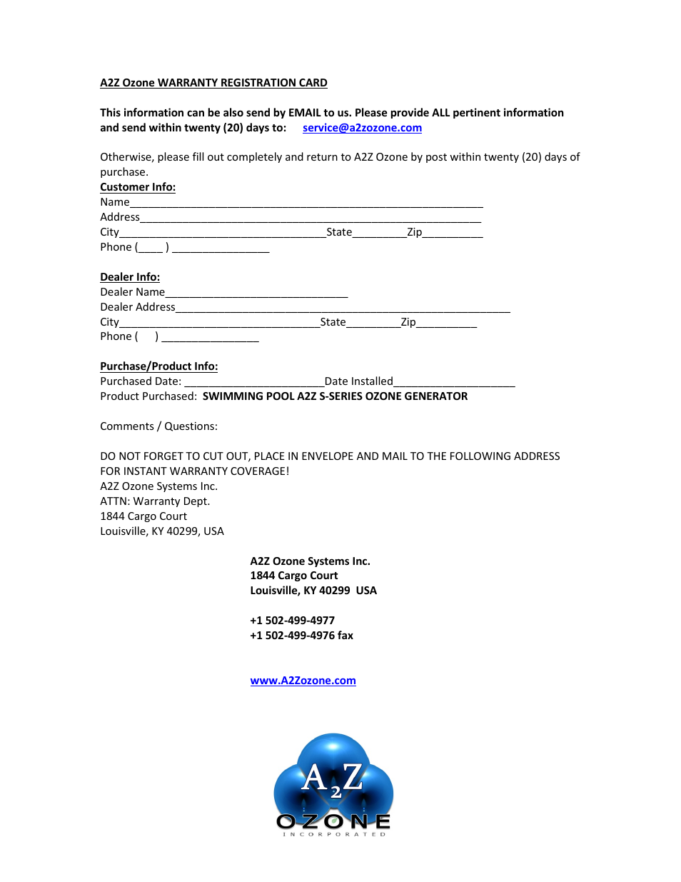 A2Z Ozone SP - Series User Manual | Page 20 / 20