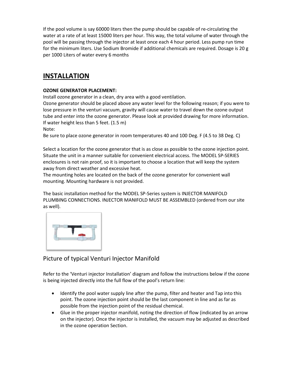 Installation, Picture of typical venturi injector manifold | A2Z Ozone SP - Series User Manual | Page 6 / 20