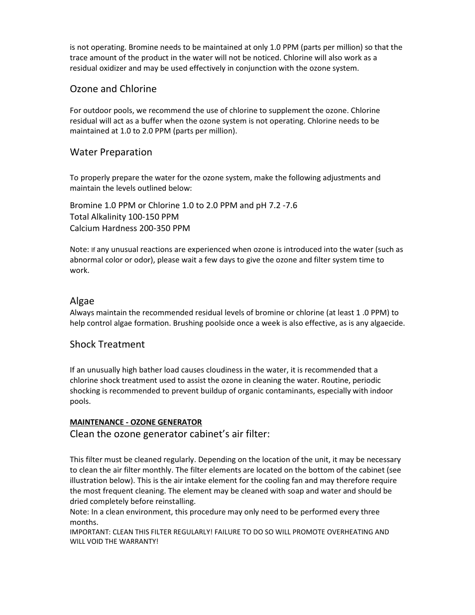 Algae, Ozone and chlorine, Water preparation | Shock treatment, Clean the ozone generator cabinet’s air filter | A2Z Ozone SP - Series User Manual | Page 9 / 20