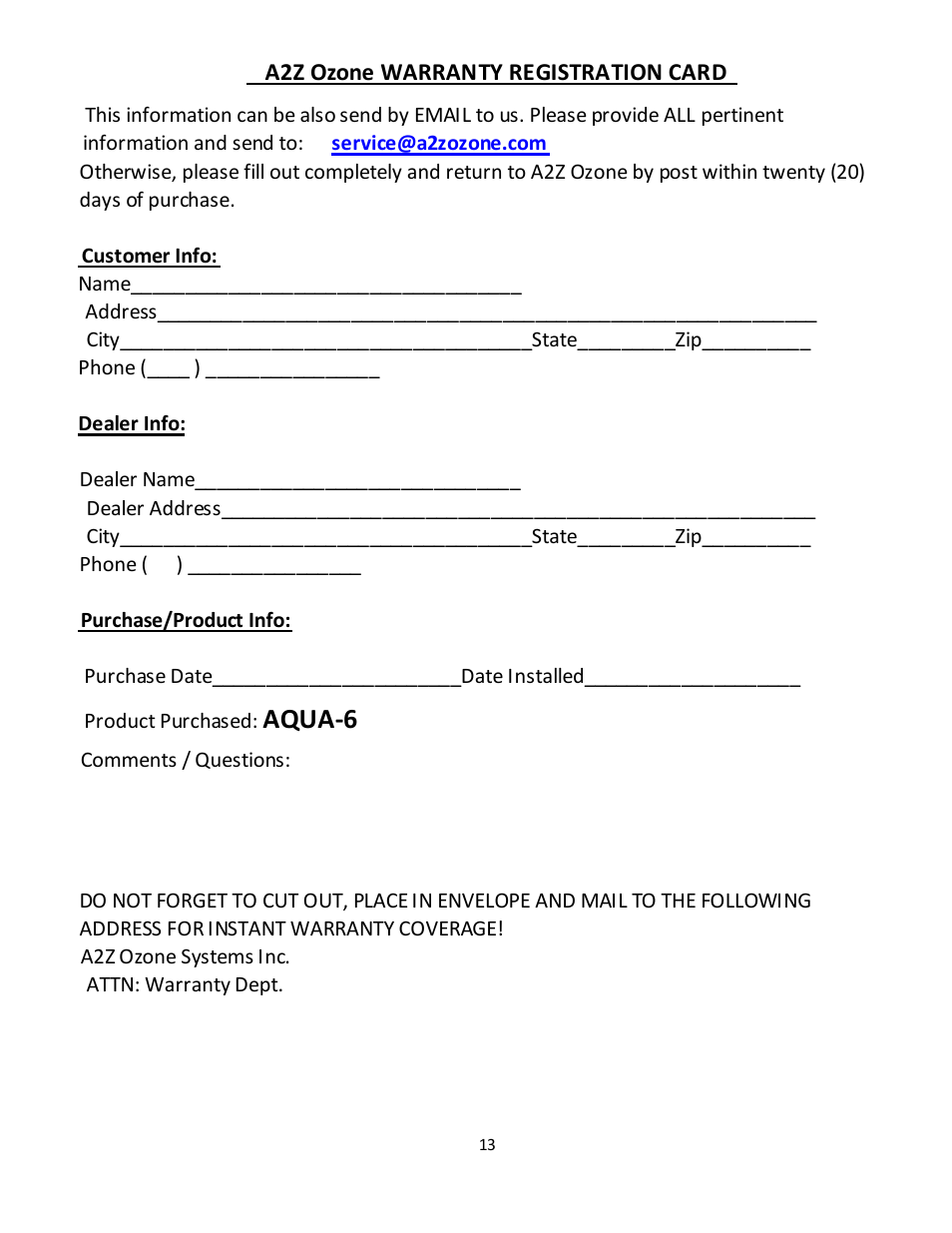 Aqua-6 | A2Z Ozone AQUA-6 User Manual | Page 13 / 14