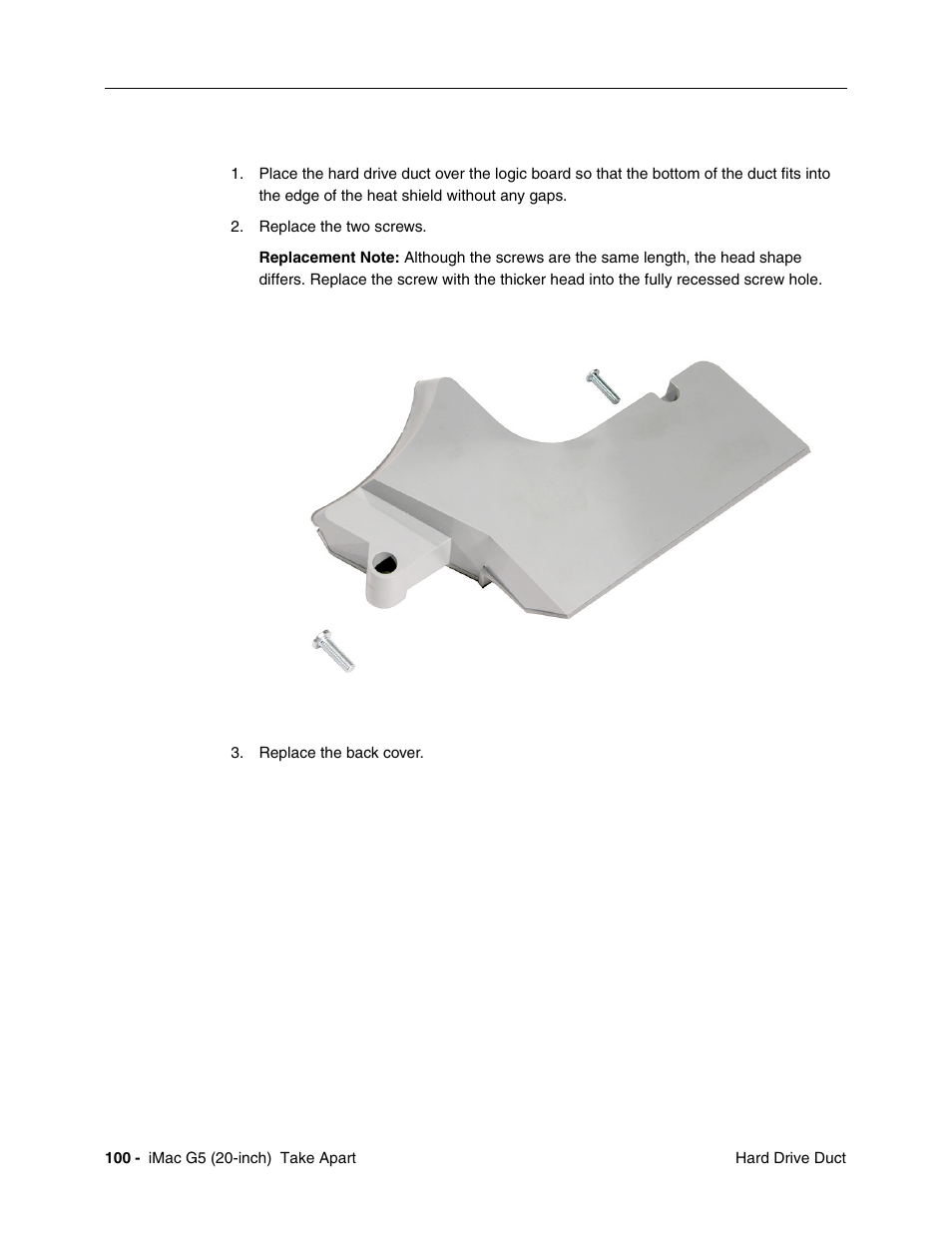 Replacing the hard drive duct | Apple iMac G5, 20-inch User Manual | Page 102 / 314