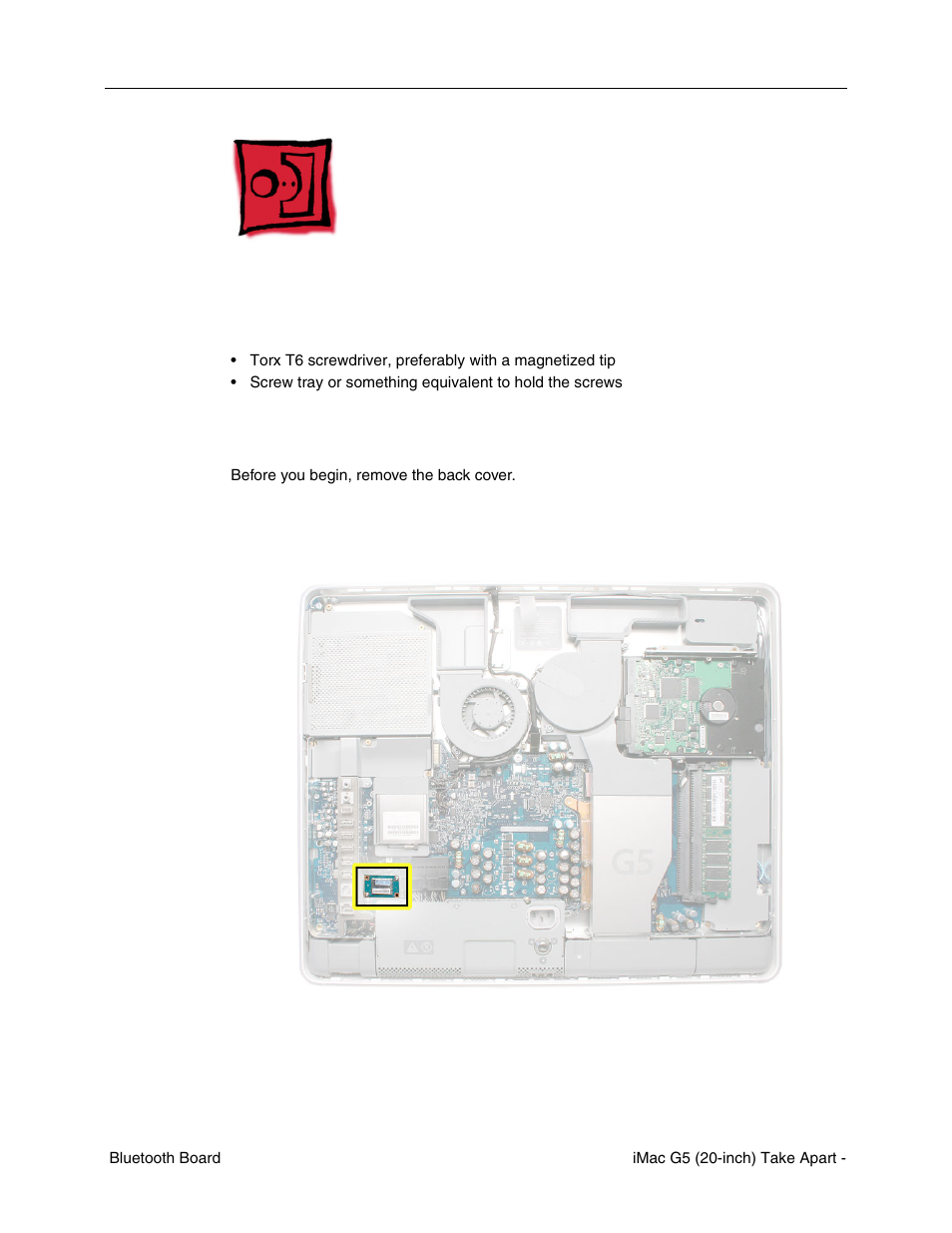 Bluetooth board, Tools required, Preliminary steps | Part location | Apple iMac G5, 20-inch User Manual | Page 103 / 314