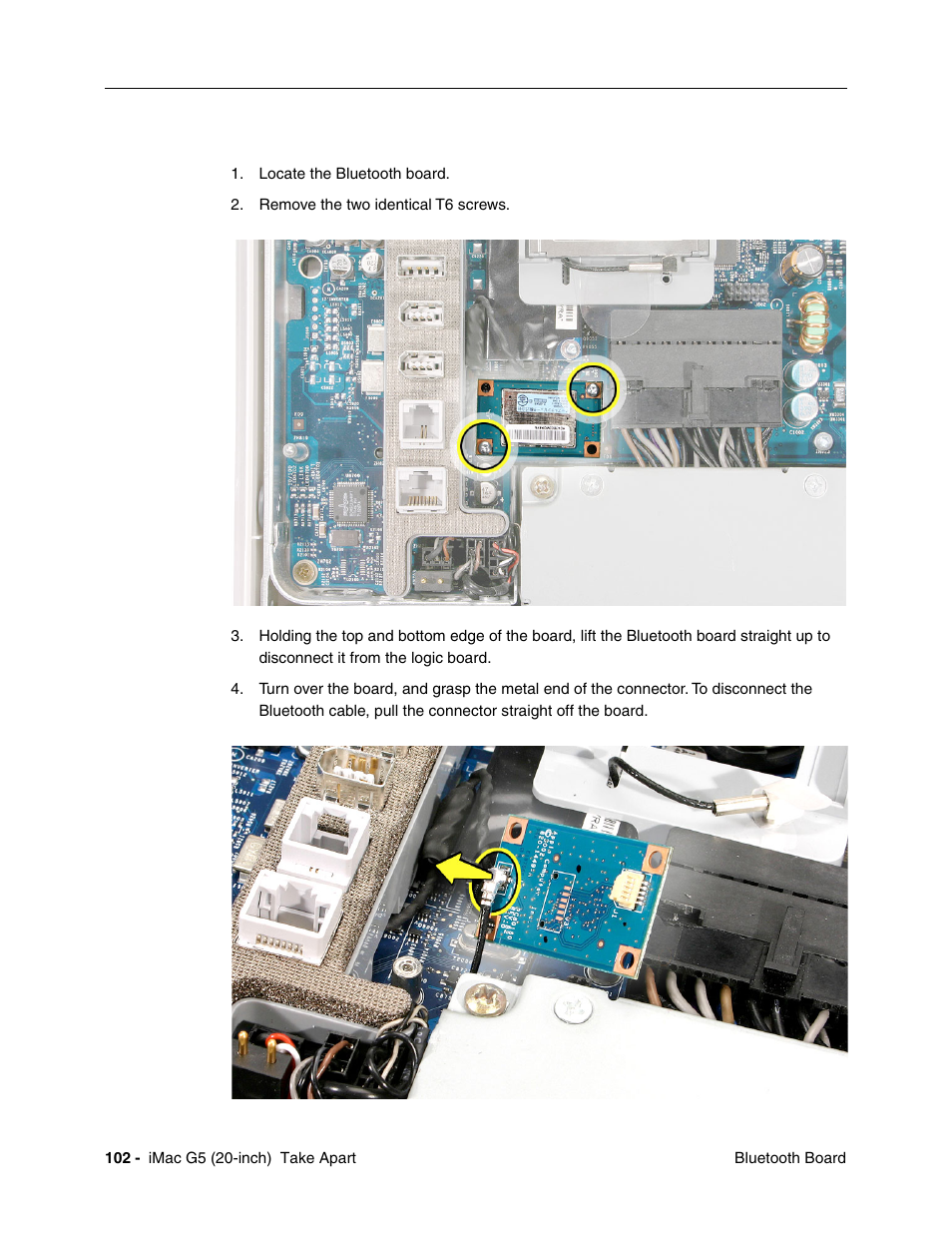 Removing the bluetooth board | Apple iMac G5, 20-inch User Manual | Page 104 / 314