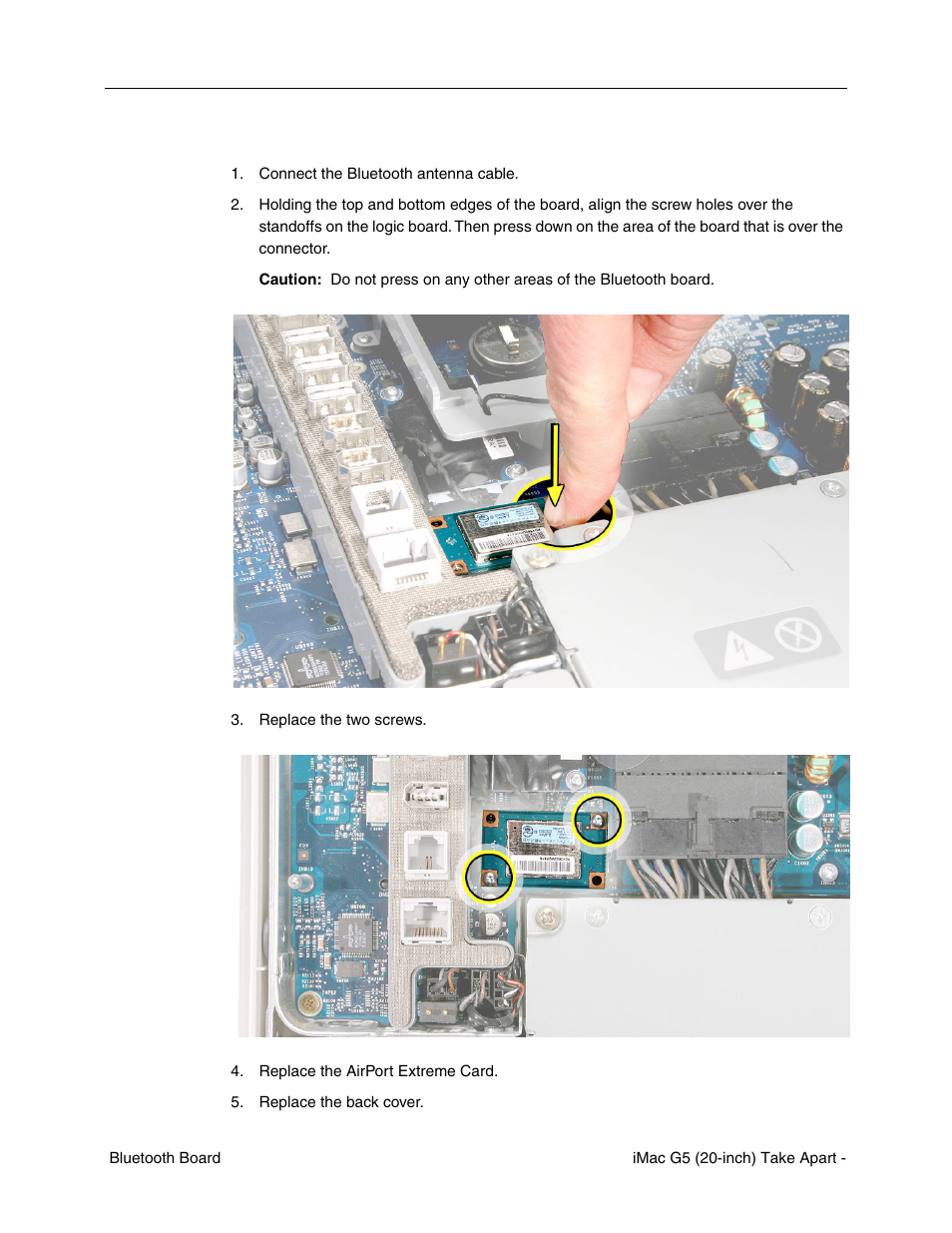 Replacing the bluetooth board | Apple iMac G5, 20-inch User Manual | Page 105 / 314