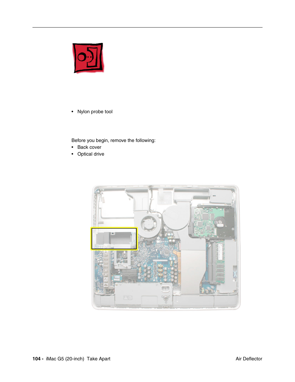 Air deflector, Tools required, Preliminary steps | Part location | Apple iMac G5, 20-inch User Manual | Page 106 / 314