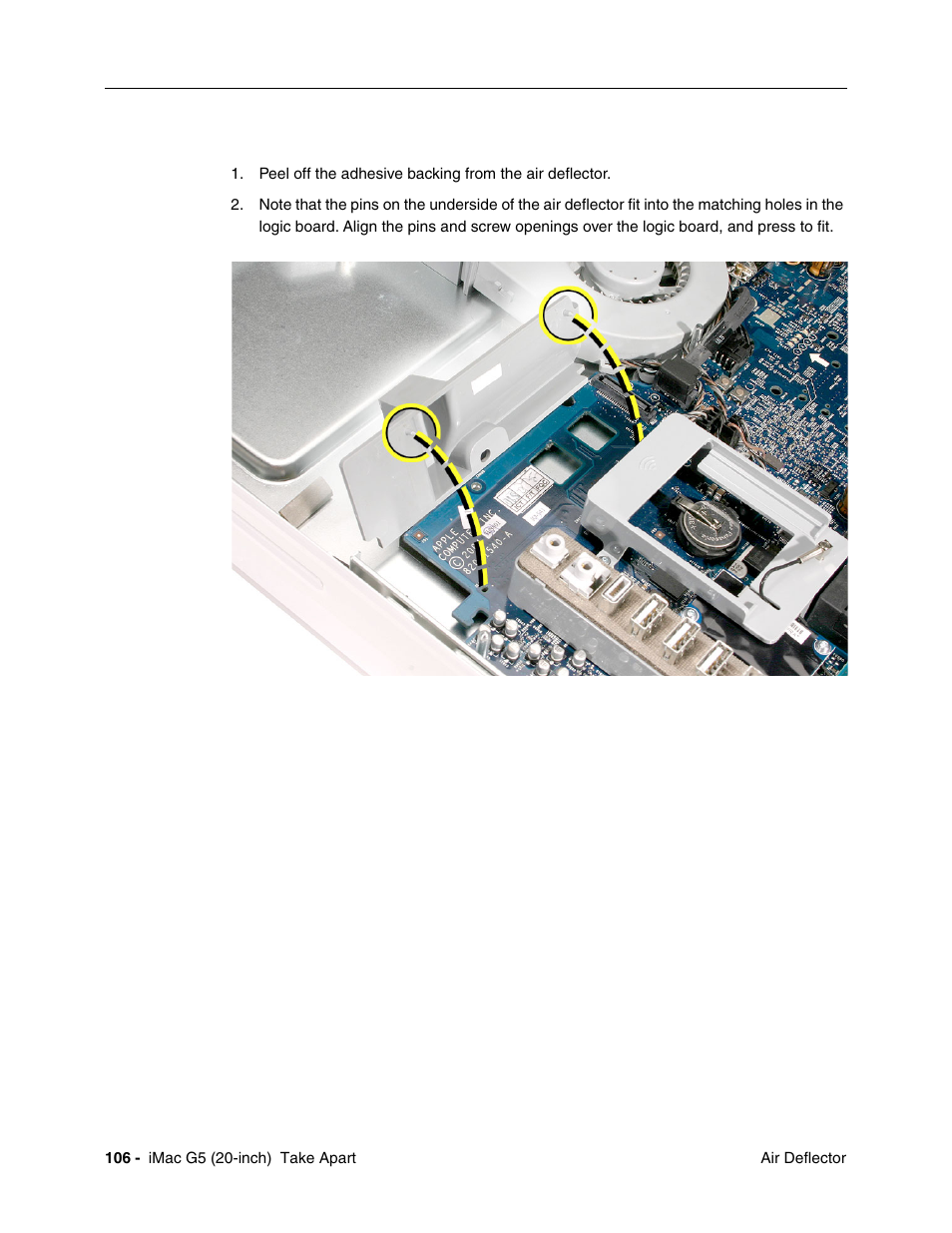 Replacing the air deflector | Apple iMac G5, 20-inch User Manual | Page 108 / 314