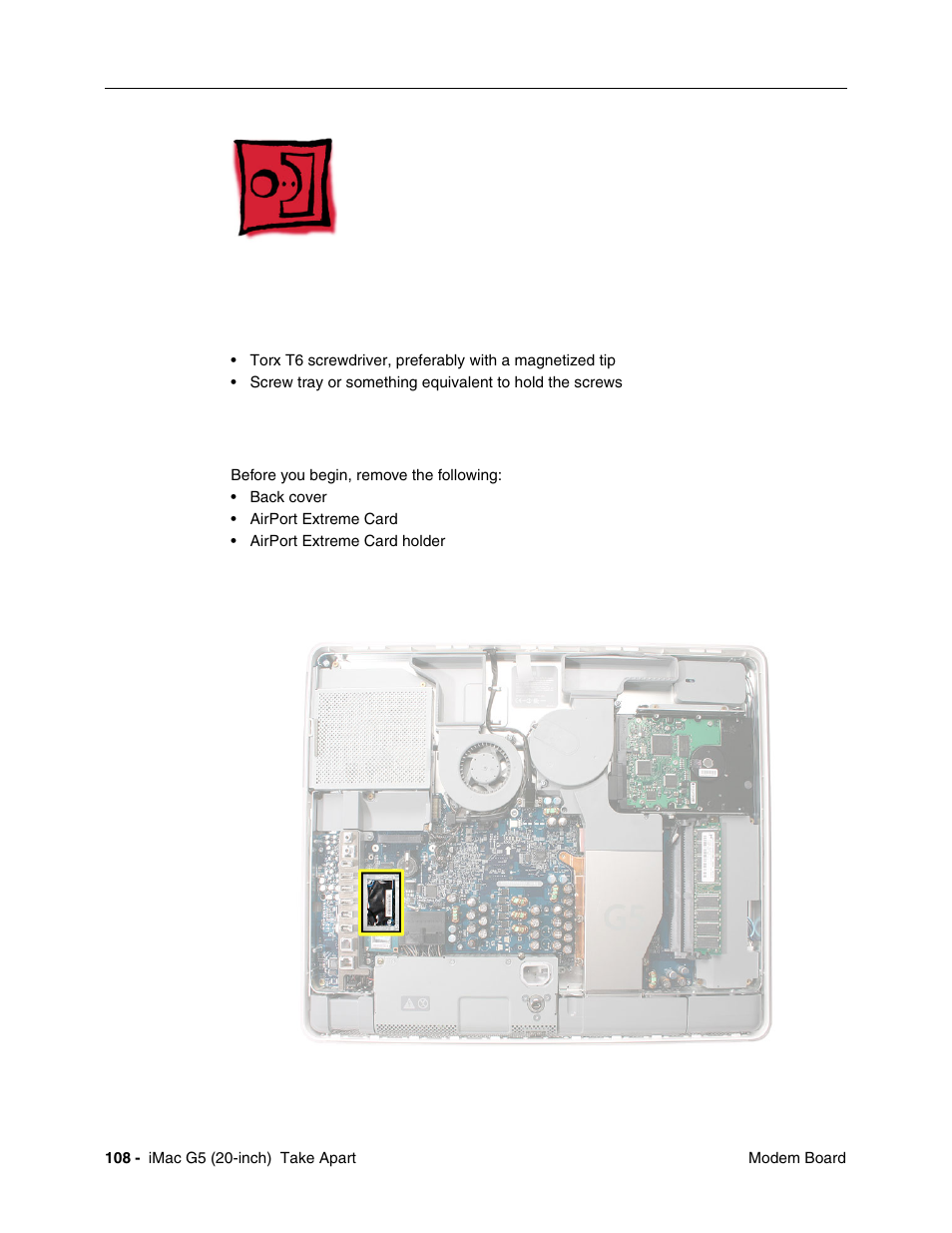 Modem board, Tools required, Preliminary steps | Part location | Apple iMac G5, 20-inch User Manual | Page 110 / 314