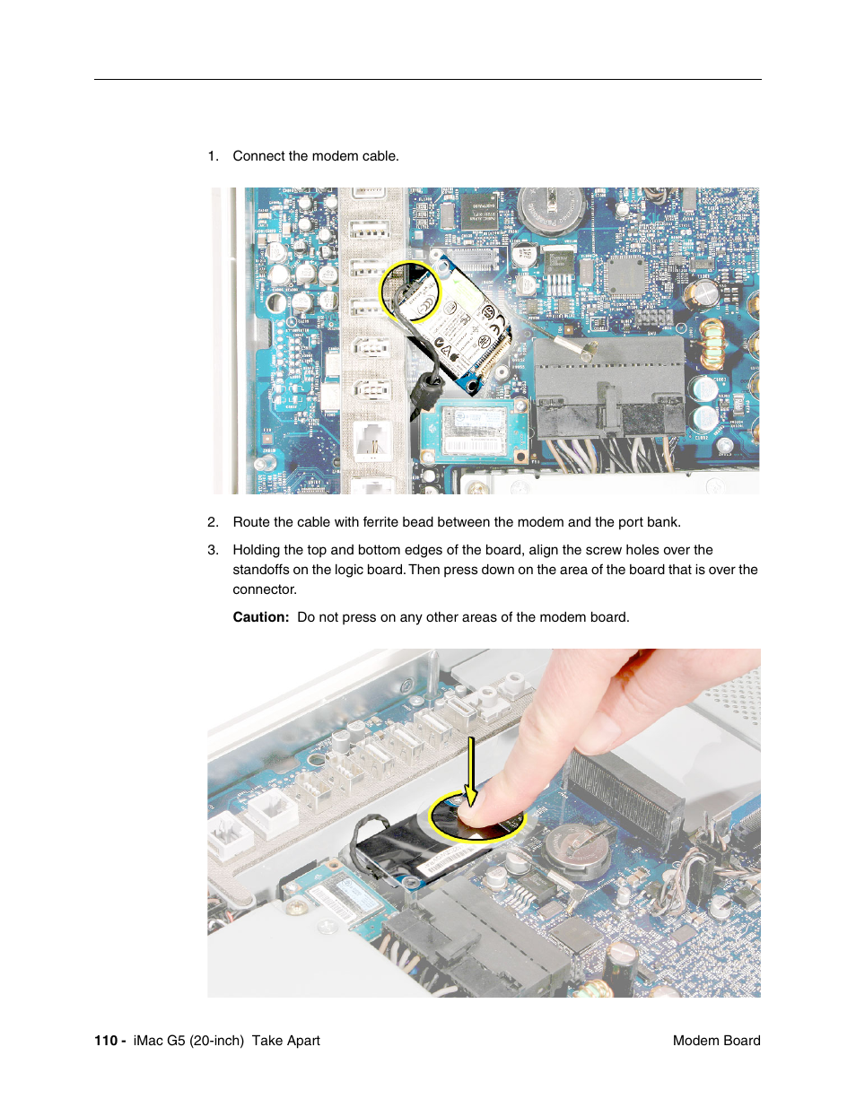 Replacing the modem board | Apple iMac G5, 20-inch User Manual | Page 112 / 314