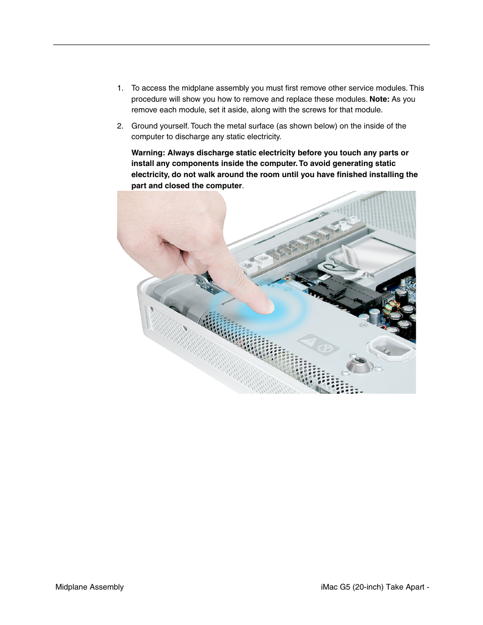 Removing the midplane assembly | Apple iMac G5, 20-inch User Manual | Page 115 / 314