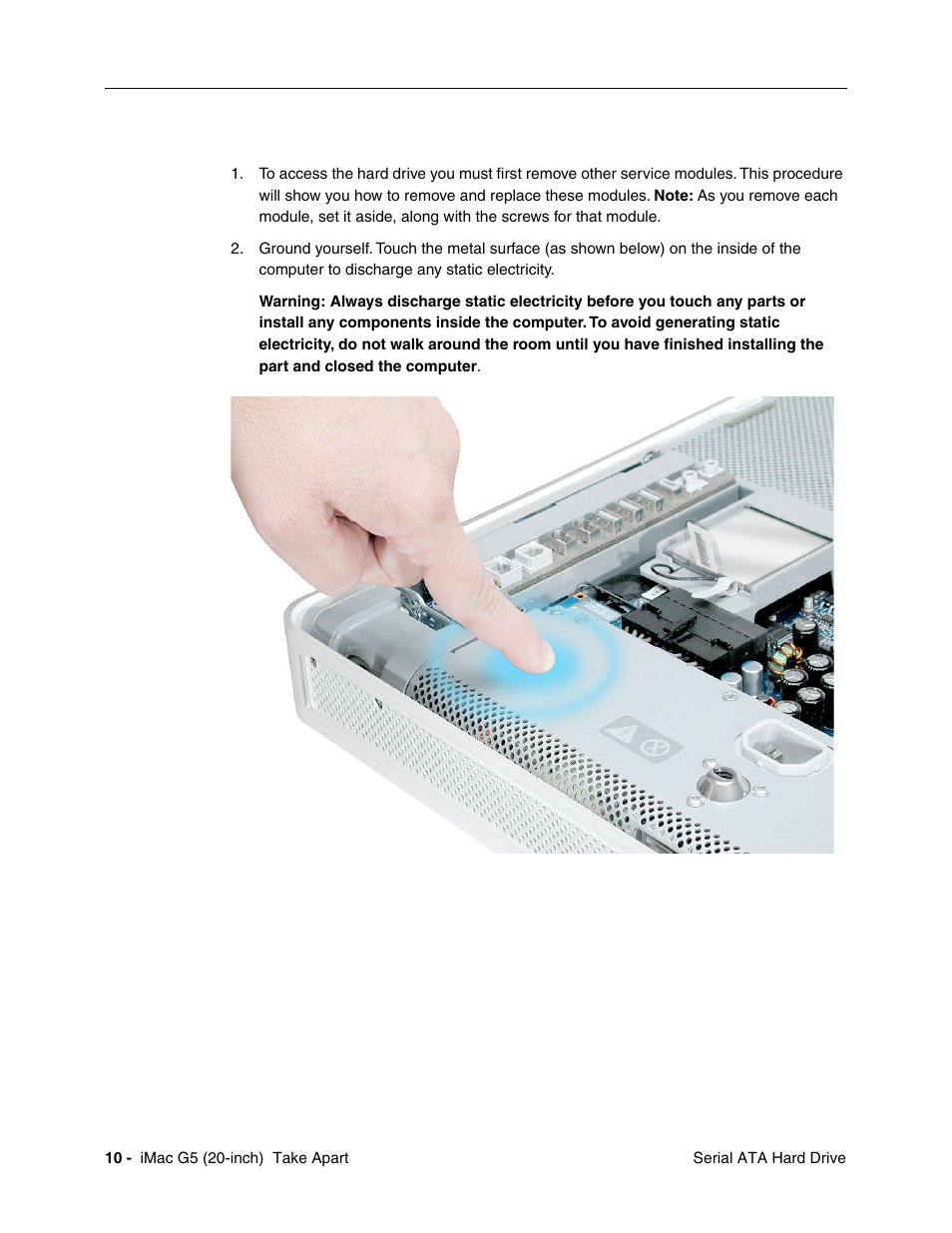 Removing the serial ata hard drive | Apple iMac G5, 20-inch User Manual | Page 12 / 314