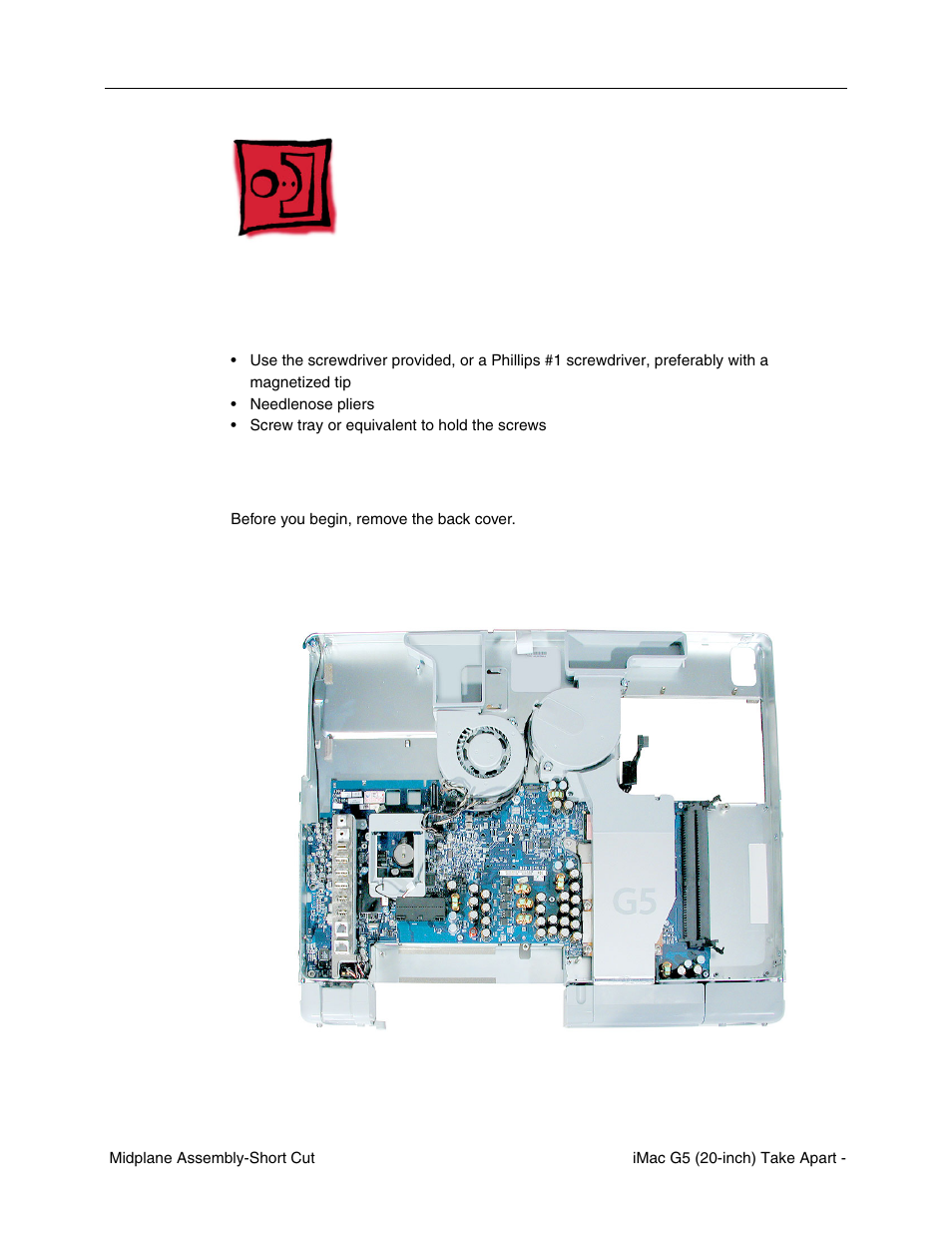 Midplane assembly-short cut, Tools required, Preliminary steps | Part location | Apple iMac G5, 20-inch User Manual | Page 147 / 314