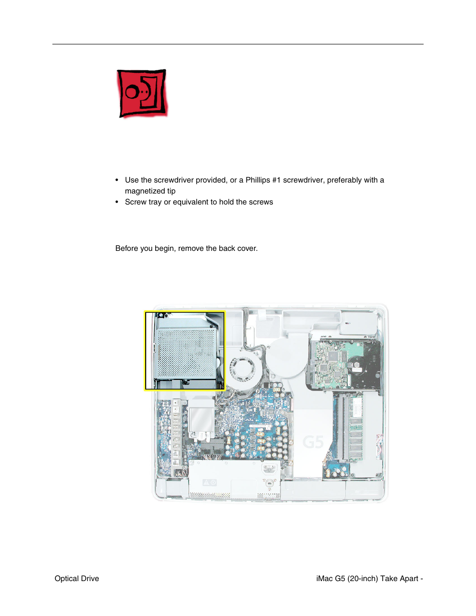 Optical drive, Tools, Preliminary steps | Part location | Apple iMac G5, 20-inch User Manual | Page 17 / 314