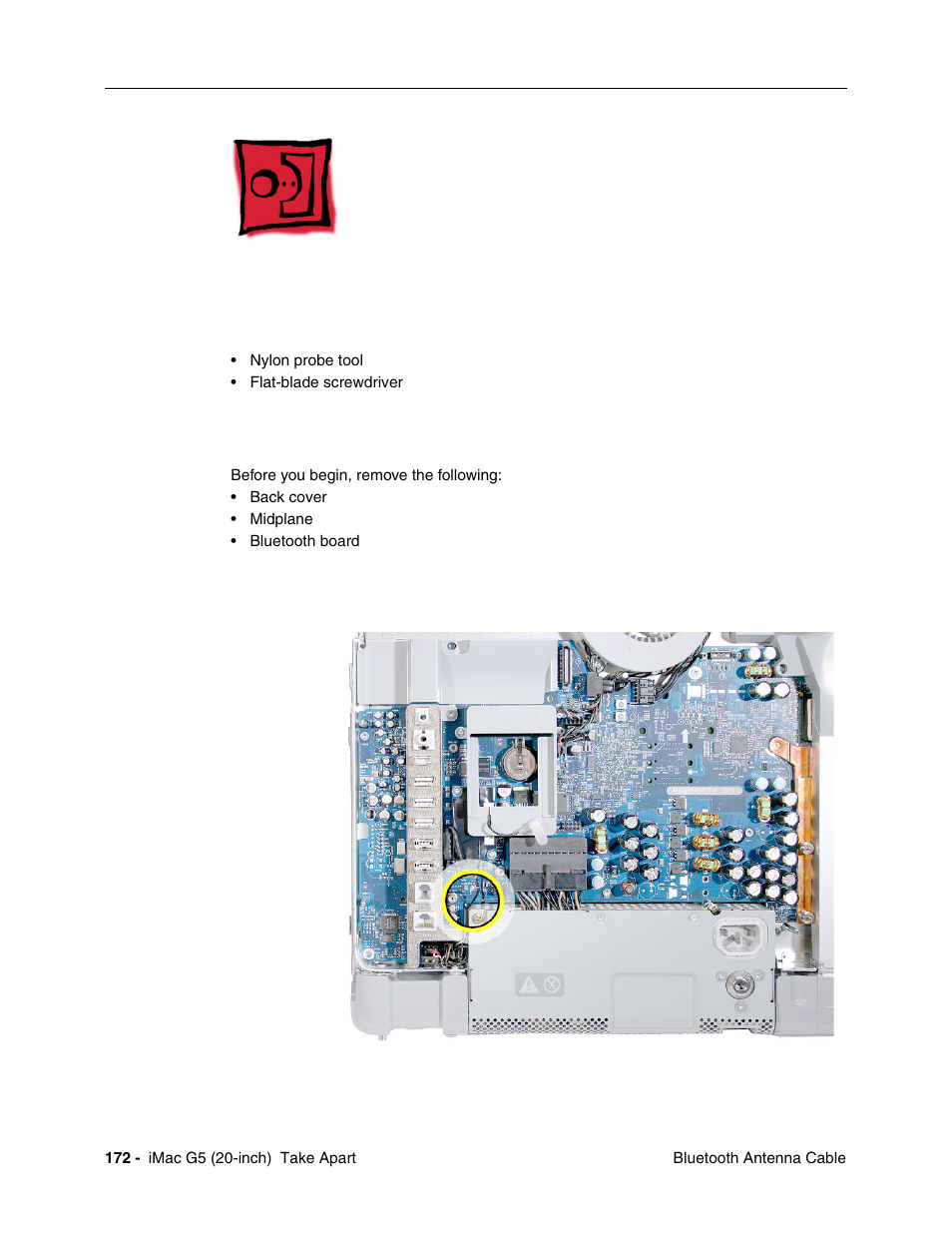 Bluetooth antenna cable, Tools required, Preliminary steps | Part location | Apple iMac G5, 20-inch User Manual | Page 174 / 314